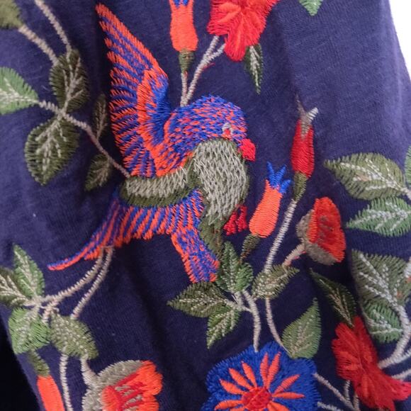 Solitaire Navy Blue Top L Heavily Embroidered Birds Floral Tassels Boho Peasant - Picture 3 of 16